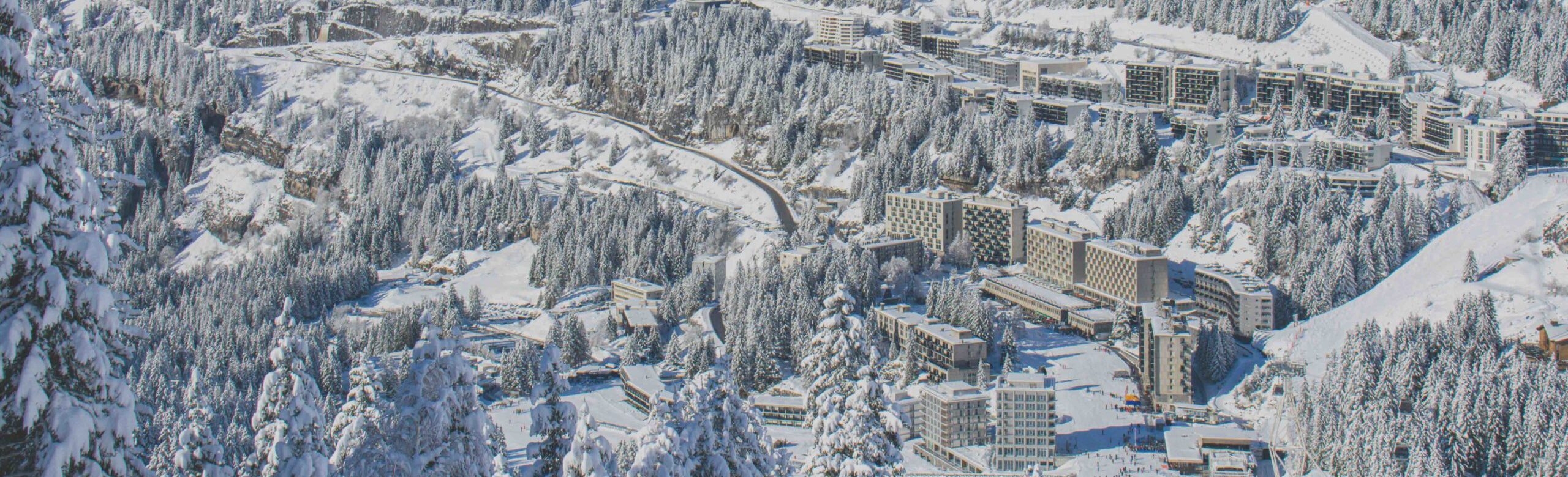 Vue panoramique de Flaine enneigée, montrant des sapins recouverts de neige, la route menant au col de Pierre Carrée et les différents bâtiments de la station de Flaine.