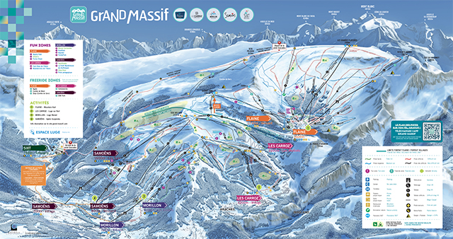 Detailed map of the Flaine and Grand Massif ski runs, including lifts and ski areas.