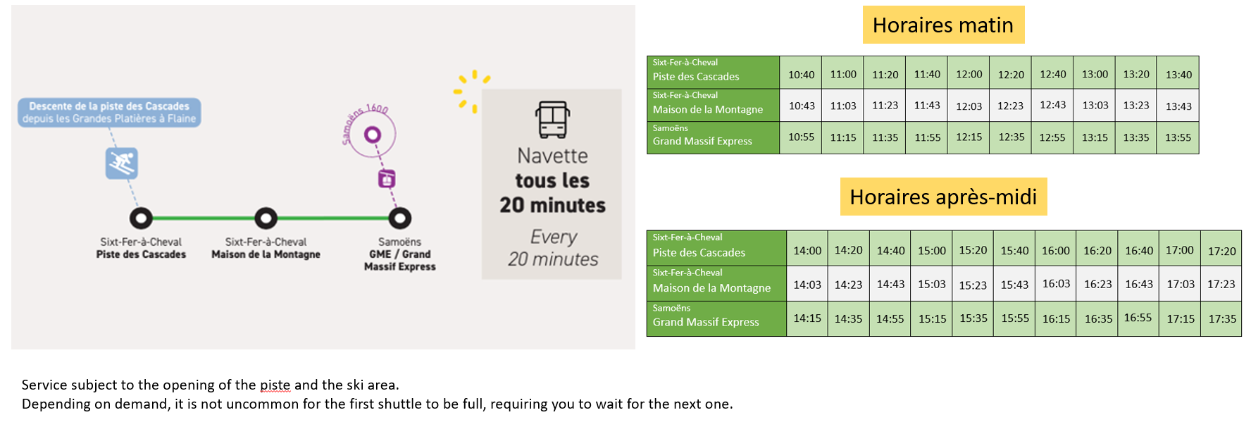Find practical information for your return to the resort after the Piste des Cascades: shuttle schedules from Sixt-Fer-à-Cheval to Samoëns.