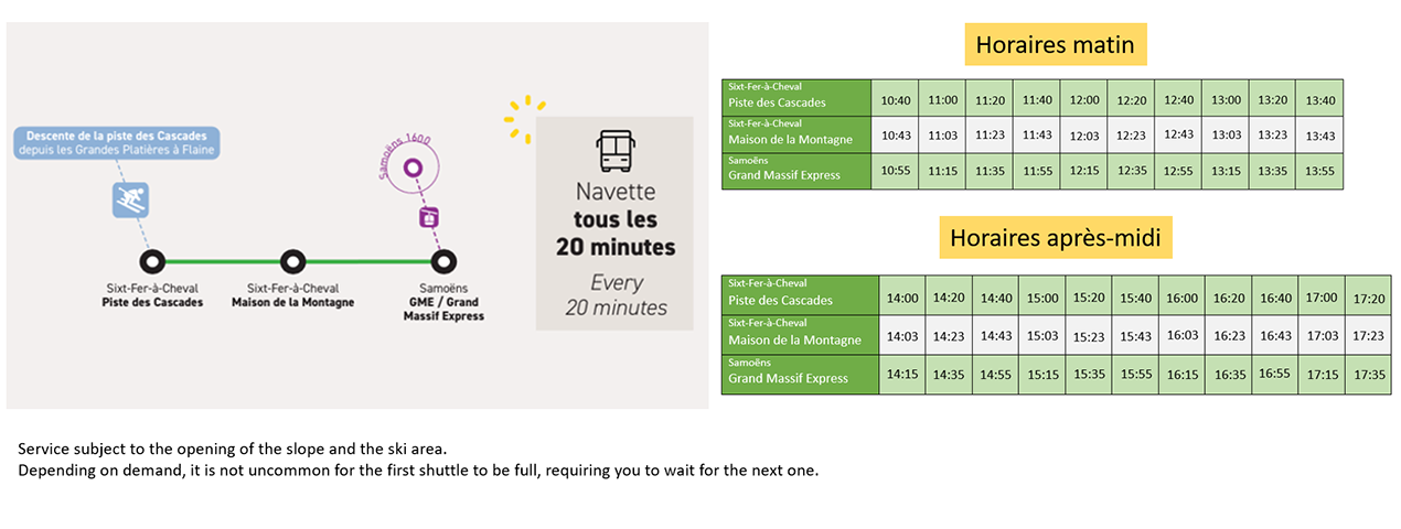 Find practical information for your return to the resort after the Piste des Cascades: shuttle schedules from Sixt-Fer-à-Cheval to Samoëns.