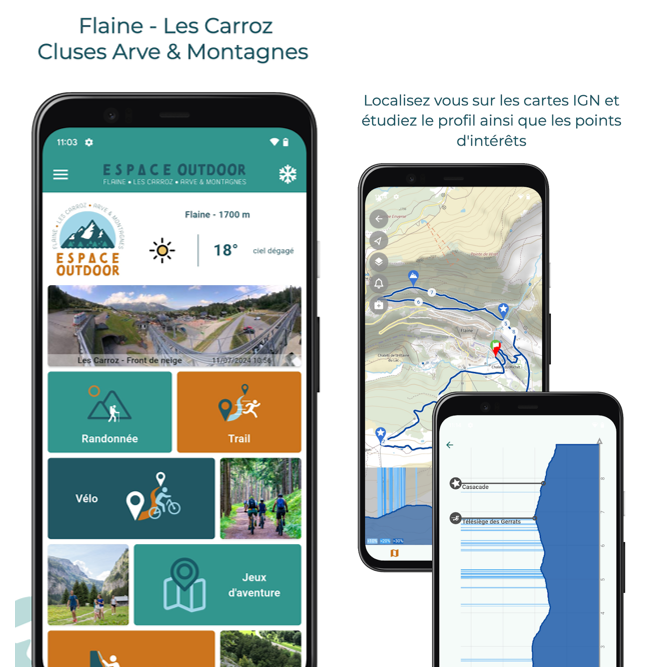 Profitez d'un accès facile et gratuit aux plus beaux panoramas des Alpes avec l’application Espace Outdoor. Explorez Flaine, Les Carroz et la vallée de Cluses en téléchargeant vos tracés de randonnée, trail ou VTT pour une navigation GPS hors-ligne. Profitez des cartes IGN et vivez des jeux d’aventure inoubliables en famille au cœur des montagnes.